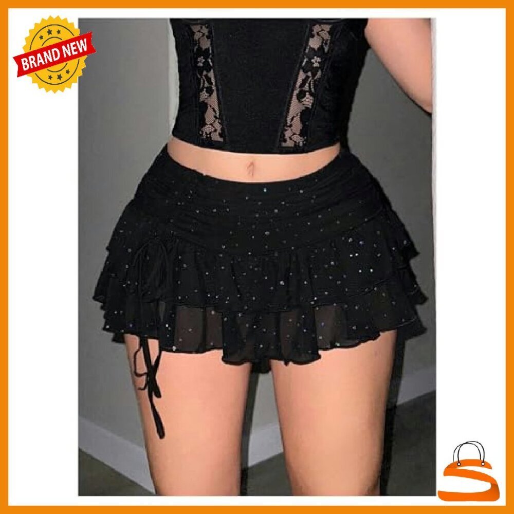 Y2K Mesh Ruffle Mini Skirt Rhinestone Ruched Party Concert Outfit - Picture 5 of 7